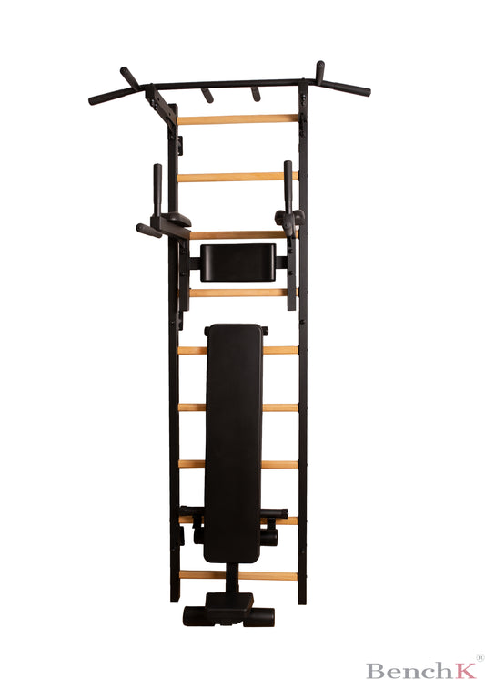 BenchK 723 - BenchK 7 Series Wall bars with fixed steel 6-grip pull-up bar, dip bar with back support and workout bench