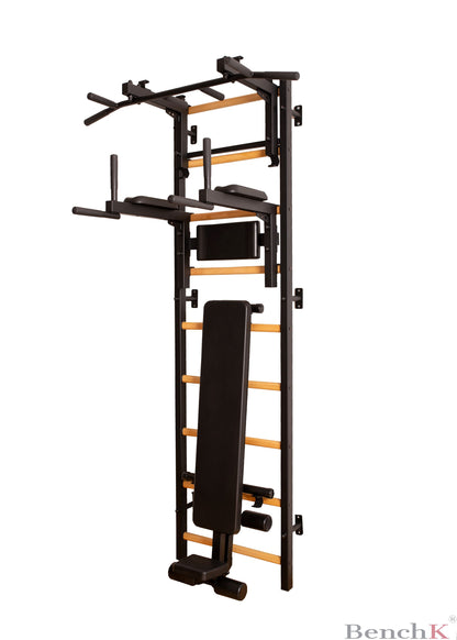 BenchK 733 - BenchK 7 Series Wall bars with convertible steel 6 grip pull-up bar, barbell holder, dip bar and workout bench