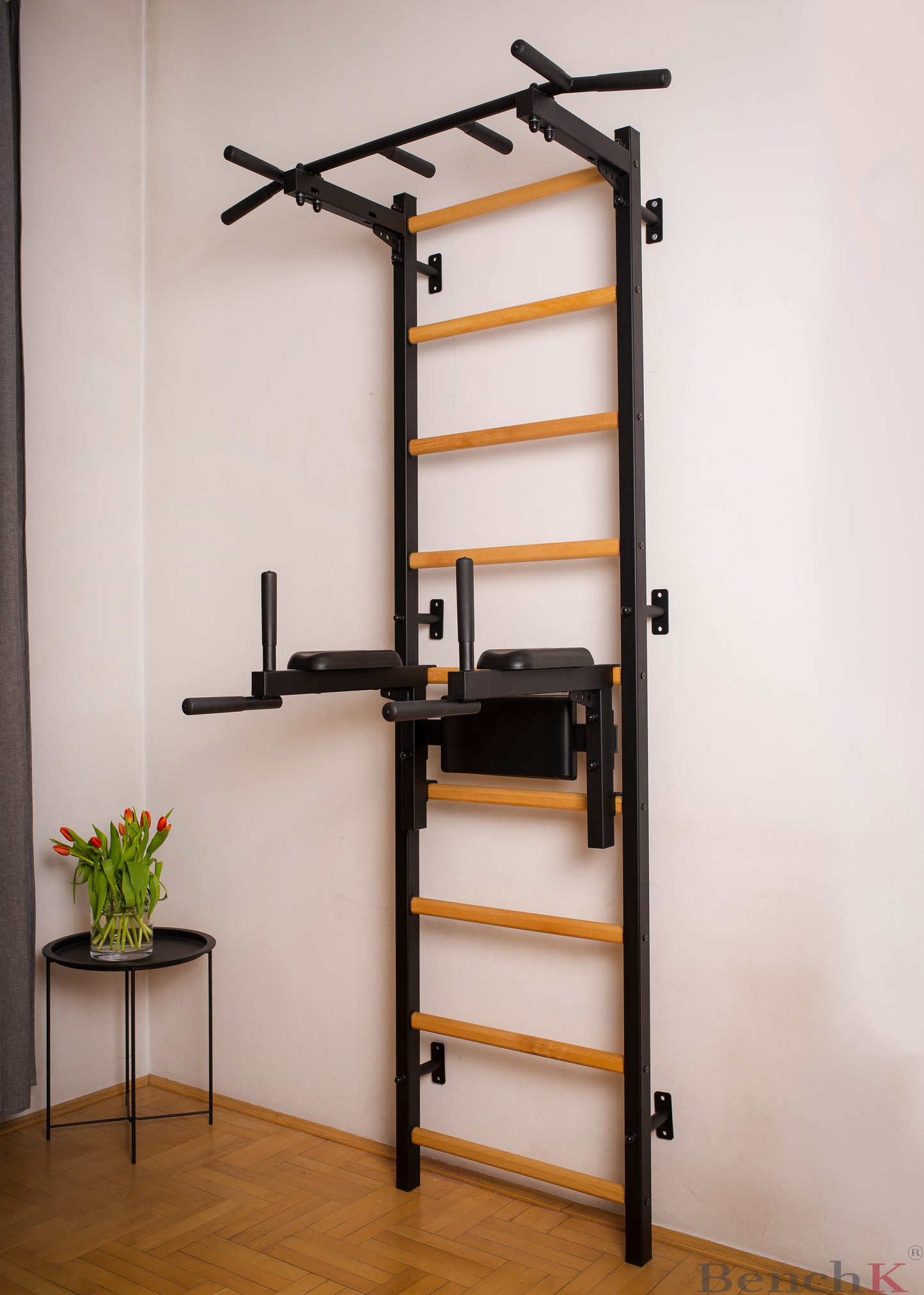 BenchK 722 - BenchK 7 Series Wall bars with fixed steel 6-grip pull-up bar and a dip bar with back support