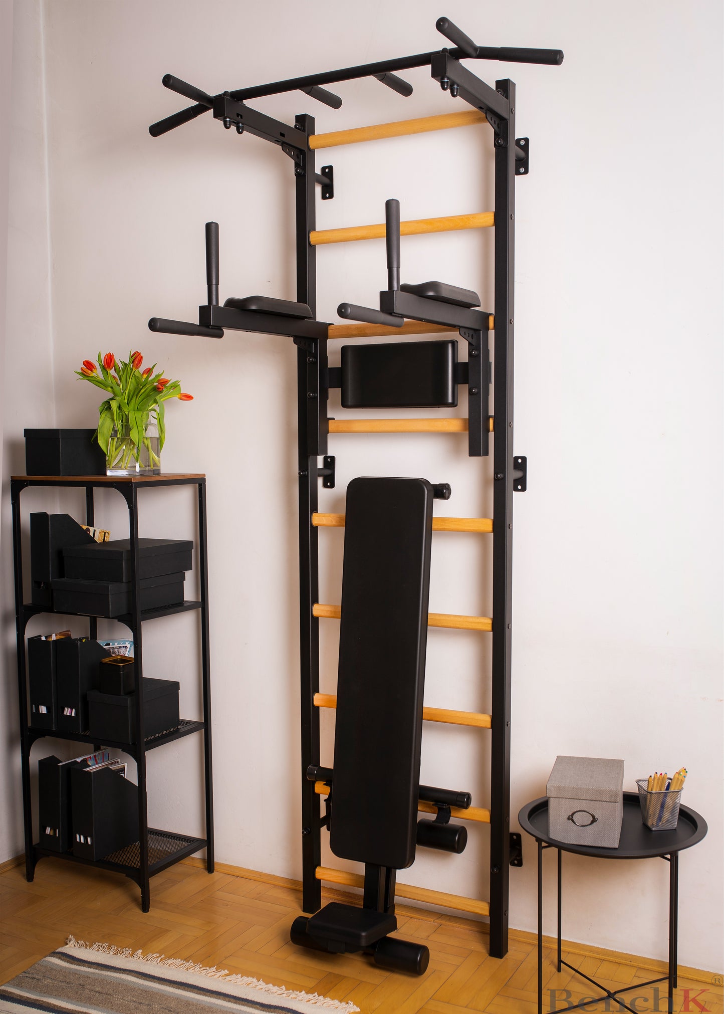 BenchK 723 - BenchK 7 Series Wall bars with fixed steel 6-grip pull-up bar, dip bar with back support and workout bench