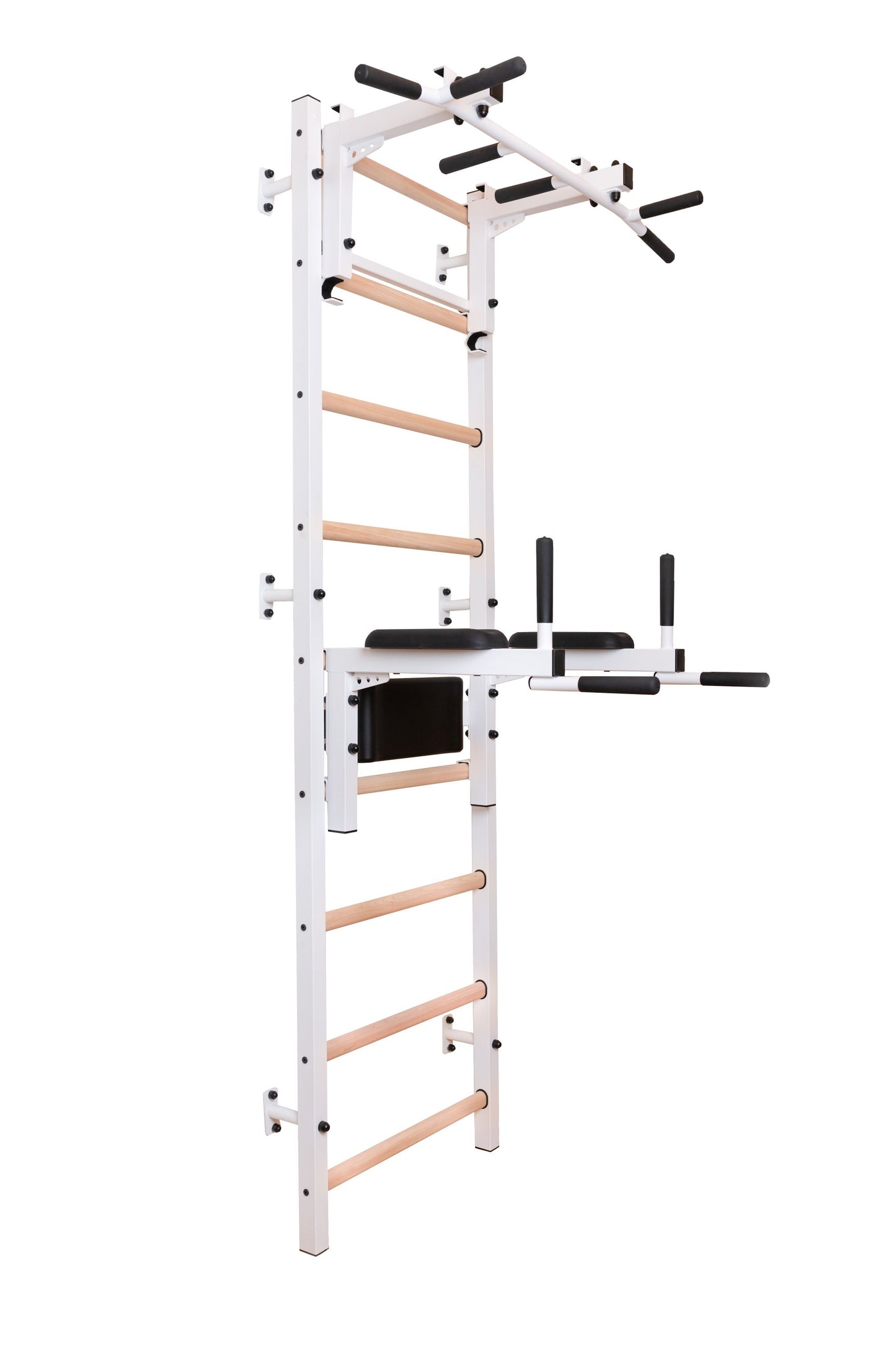 BenchK 732 - BenchK 7 series Wall bars with convertible steel 6-grip pull-up bar, Barbell holder and dip bar