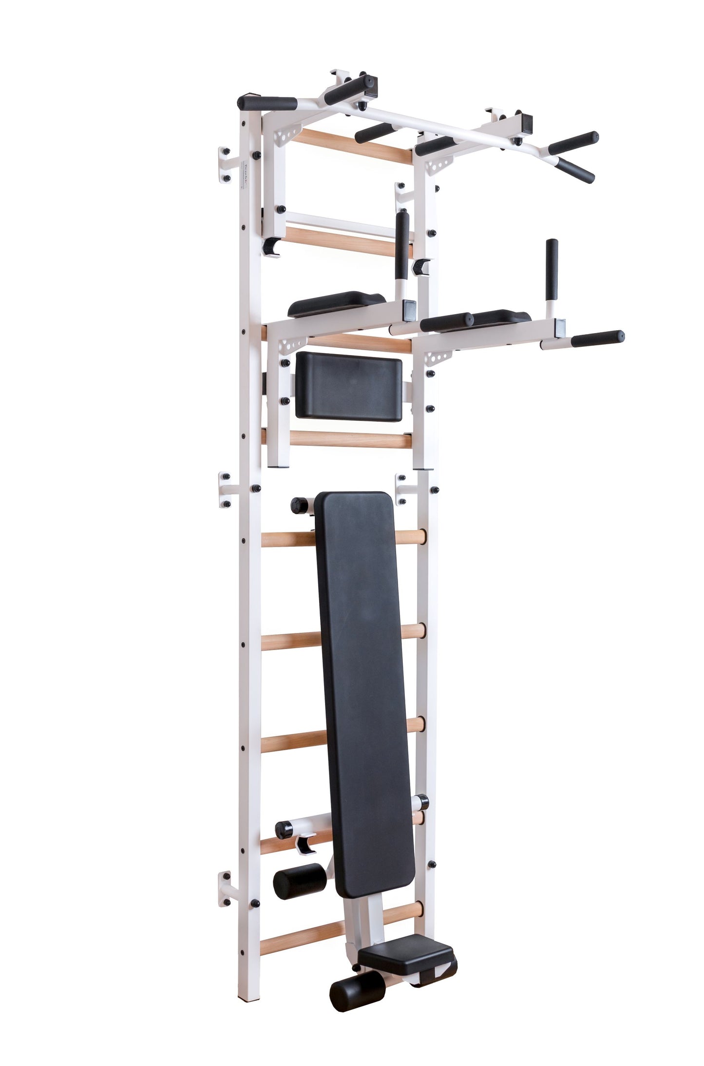 BenchK 733 - BenchK 7 Series Wall bars with convertible steel 6 grip pull-up bar, barbell holder, dip bar and workout bench