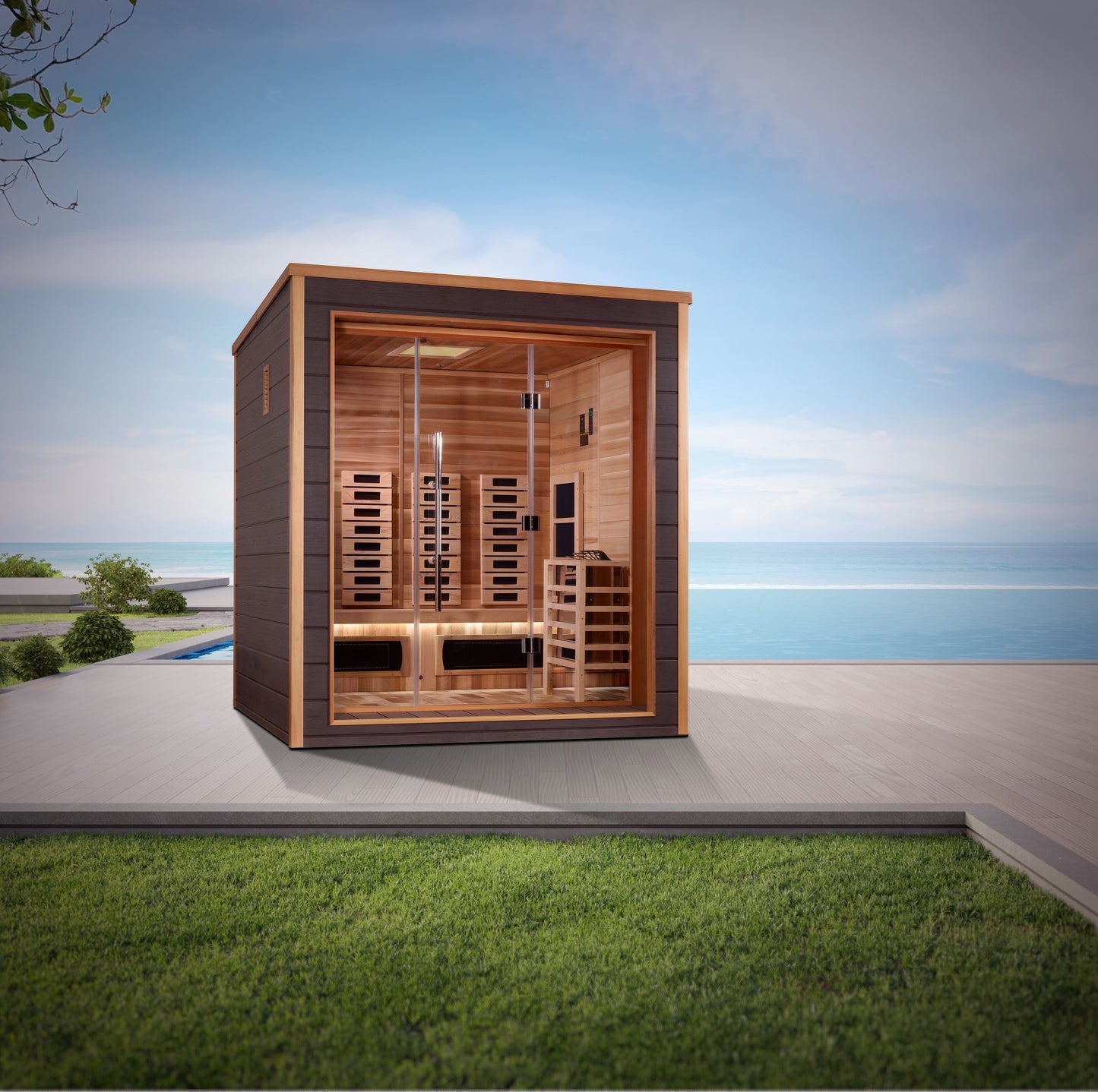 Golden Designs Visby 3 Person Hybrid (PureTech™ Full Spectrum IR or Traditional Stove) Outdoor Sauna (GDI-8223-01)