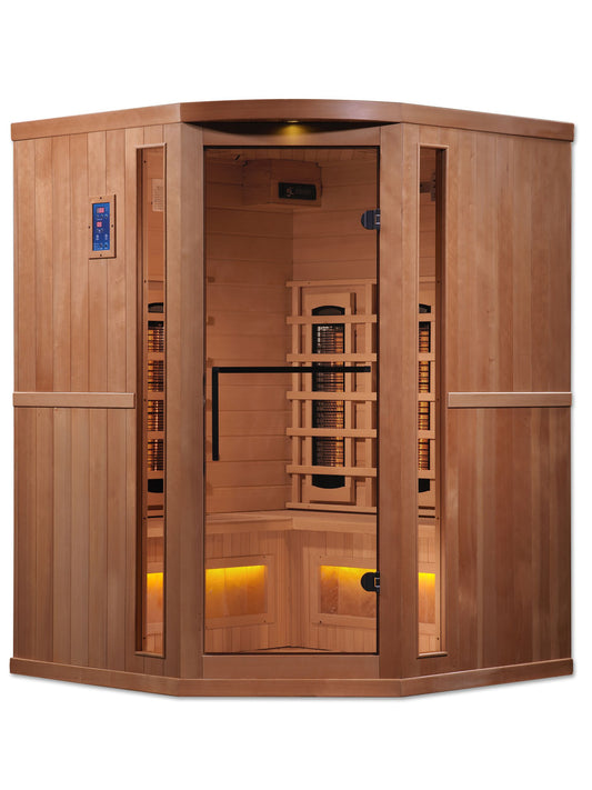 Golden Designs 3-Person Corner Full Spectrum PureTech™ Near Zero EMF FAR Infrared Sauna with Himalayan Salt Bar (Canadian Hemlock) GDI-8035-02