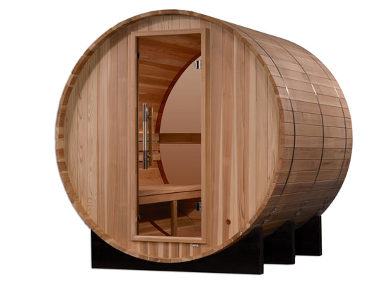 Golden Designs "Zurich" 4 Person Barrel with Bronze Privacy View - Traditional Sauna -  Pacific Cedar GDI‐B024‐01