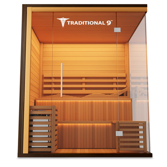 Traditional 9 Plus - 3-6 Person Indoor Sauna - Glass Front & Left Wall / Reclining Bench & Side Bench